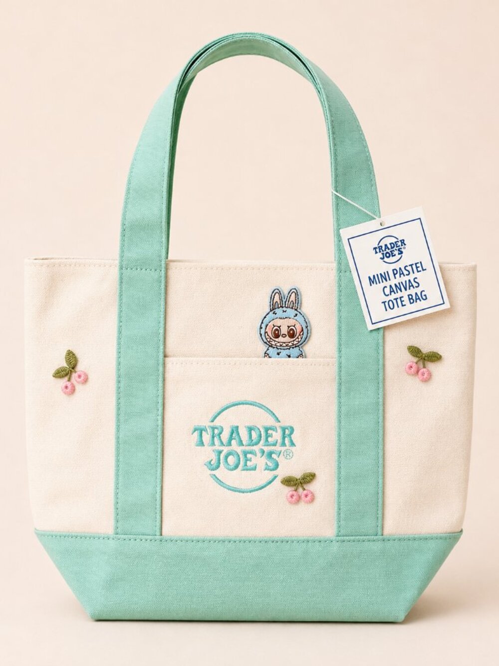 Trader Joe's Custom Pastel Mini Tote Labubu Cherry Embroidered Tote Bag